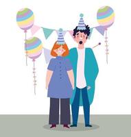 festa online, compleanno o incontro con amici, uomo e donna con palloncini cappelli e gagliardetti vettore