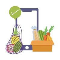 mercato online, smartphone con segno di spunta che ordina cibo fresco negozio di alimentari consegna a domicilio vettore