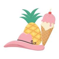 gelato e cappello all'ananas per viaggi e vacanze estivi vettore