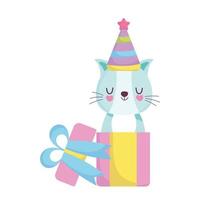 baby shower, simpatico gatto che esce celebrazione confezione regalo, annuncia carta di benvenuto neonato vettore