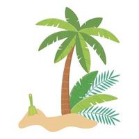 viaggio estivo e vacanze spiaggia di sabbia con pala di sabbia e palme