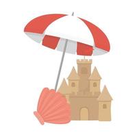 viaggio estivo e vacanze ombrellone conchiglia spiaggia castello di sabbia vettore