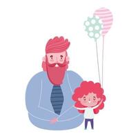 felice festa del papà, uomo con figlia e decorazione di palloncini vettore