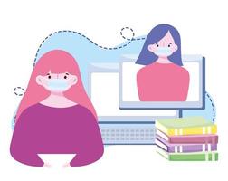 formazione online, persone con maschera che insegnano lezioni di computer e libri, corsi di sviluppo della conoscenza tramite Internet vettore