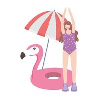 estate tempo vacanza turismo donna con ombrello flamingo galleggiante design isolato vettore