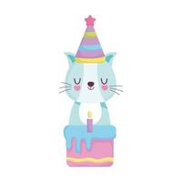 baby shower, simpatico gatto con torta cappello, annuncia carta di benvenuto neonato vettore