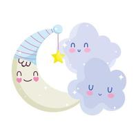 baby shower, mezza luna e nuvole decorazione cartoon, annunciare la carta di benvenuto neonato vettore