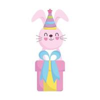 baby shower, simpatico coniglio con cappello e confezione regalo, annuncia la cartolina di benvenuto neonato vettore