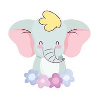 baby shower, simpatico elefante con decorazioni floreali, annuncia il biglietto di benvenuto neonato vettore
