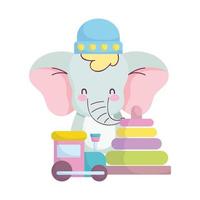 baby shower, simpatico elefante con trenino e giocattoli piramidali, annuncia un biglietto di benvenuto neonato vettore