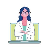 carattere femminile medico dietista nel design isolato laptop video vettore