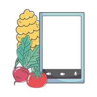 pomodoro ananas barbabietola smartphone mercato fresco, verdura e frutta cibo biologico sano vettore