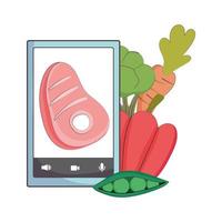 mercato fresco smartphone carne carota piselli cibo sano biologico con verdure vettore