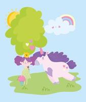 piccola fata principessa simpatico cartone animato di funghi unicorno e racconto arcobaleno vettore