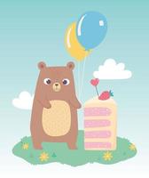 buon compleanno, simpatico orso con pezzo di torta e palloncini celebrazione decorazione cartone animato vettore