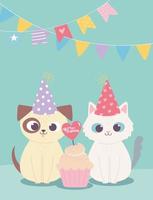 buon compleanno, simpatico cane e gatto con cappello da festa e cupcake, cartone animato decorazione celebrazione vettore