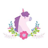 piccolo unicorno fiori rami fantasia animale magico cartone animato vettore