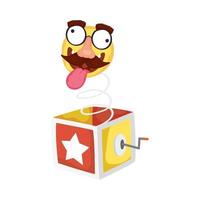 faccina emoji pazza con baffi in scatola a sorpresa fools day vettore