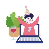 festa online, incontro con gli amici, uomo sul laptop video che celebra con un bicchiere di vino vettore