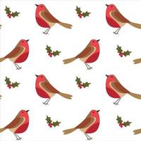 Seamless pattern di Natale con robin bird, bacche e foglie su sfondo bianco. vettore