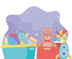 scatola di giocattoli per bambini e secchio con oggetto razzo aereo girandola palla orso divertente cartone animato vettore