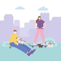 persone con maschera medica, ragazzo e ragazza con pattini e cani nel parco, attività cittadina durante il coronavirus vettore