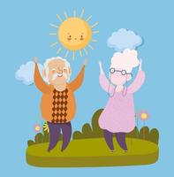 felice giorno dei nonni, nonno e nonna in piedi insieme paesaggio che celebra cartone animato vettore