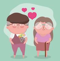 felice festa dei nonni, carina coppia di anziani con fiori e cartone animato bastone da passeggio vettore