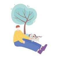 persone con maschera medica, ragazzo seduto con il cane nel parco, attività cittadina durante il coronavirus vettore