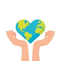 mani che sollevano il pianeta terra mondo con forma di cuore vettore