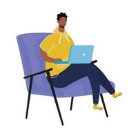 uomo africano con la barba utilizzando laptop seduto nel divano vettore