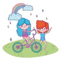 felice giornata dei bambini, ragazza in bicicletta e ragazzo cartone animato all'aperto vettore