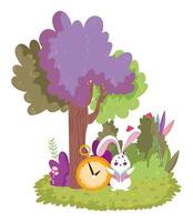 cartone animato del cespuglio del paese delle meraviglie, del coniglio e dell'albero dell'orologio vettore