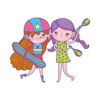 felice giorno dei bambini, ragazze carine con skateboard e maracas cartoon vettore