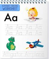foglio di lavoro di tracciamento alfabeto con lettera e vocabolario vettore