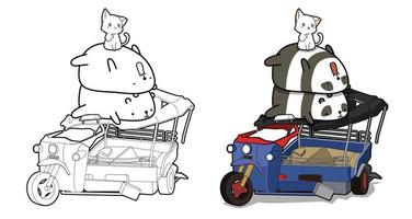 simpatici panda e gatto con triciclo pagina da colorare di cartoni animati per bambini vettore