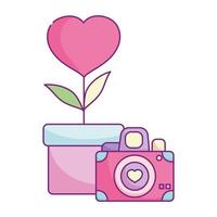 buon san valentino, cuore fiore fotocamera in pentola amore vettore