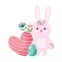 buona pasqua simpatico coniglietto con cuore di uovo e decorazione di fiori vettore