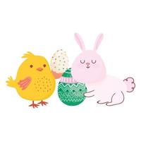felice pasqua coniglio e pollo con uova celebrazione stagione vettore