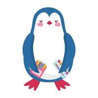 torna a scuola, cartone animato della tavolozza dell'acquerello di colore delle matite del pinguino vettore