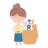 i gatti mi rendono felice, la donna con la ciotola del cibo ei gatti nel cesto di vimini vettore
