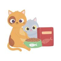 i gatti mi rendono felice, simpatici gattini con ciotola e scatola di cibo per animali domestici vettore