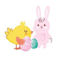 buona Pasqua coniglio e pollo con le uova del fumetto vettore