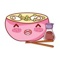 zuppa di ramen kawaii sushi sake e bacchette cibo cartone animato giapponese, sushi e panini vettore