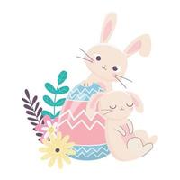 felice giorno di pasqua, coniglio addormentato e coniglio con decorazione di fiori d'uovo vettore