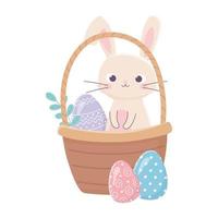 felice giorno di pasqua, coniglio nel cestino con l'uovo lascia l'erba vettore