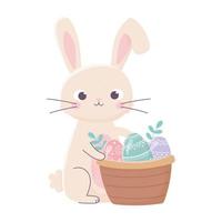felice giorno di Pasqua, coniglio con cesto di uova di foglie di cartone animato vettore