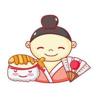 geisha suhsi cibo kawaii ventaglio giapponese cartone animato, sushi e panini vettore