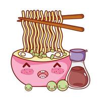 kawaii noodles zuppa di sake e piselli cibo giapponese cartone animato, sushi e panini vettore