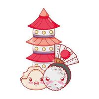 pagoda di sushi kawaii e cartoni animati giapponesi, sushi e panini vettore